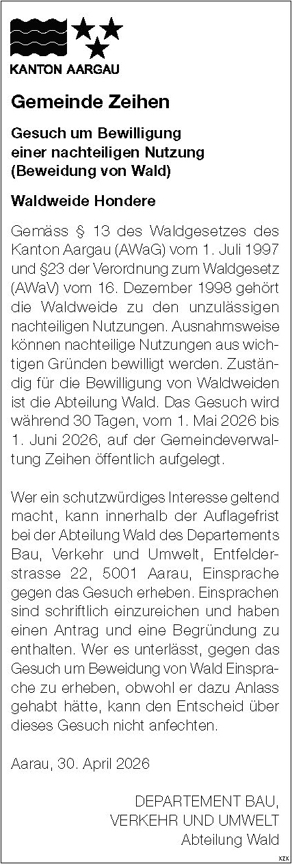 Kanton Aargau Gesuch Zeihen 30.04.2025