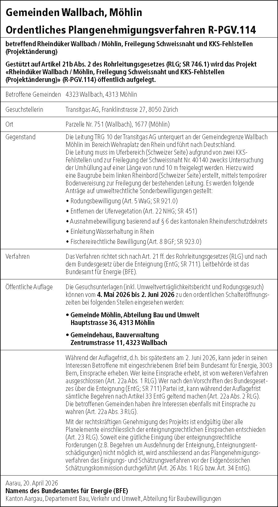 Kanton Aargau Publikationstext Wallbach Möhlin 30.04.2026