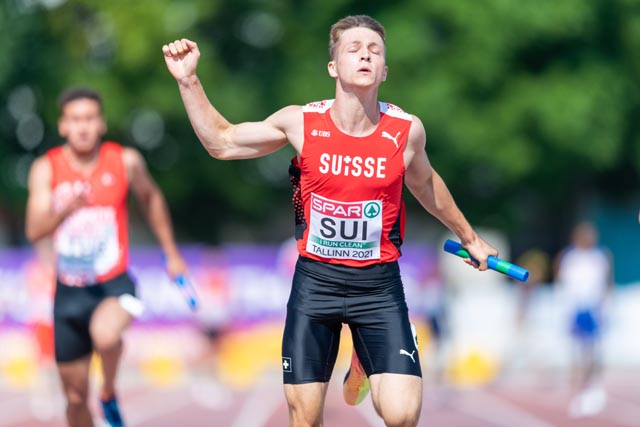 Lucien Kern als Schlussläufer in der U20-Staffel Schweiz in Tallinn/Estland. Foto: www.athletix.ch (zVg)
