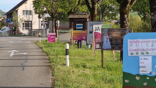 Schilderwald am Magdener Ortseingang. Foto: Georg Hünermann