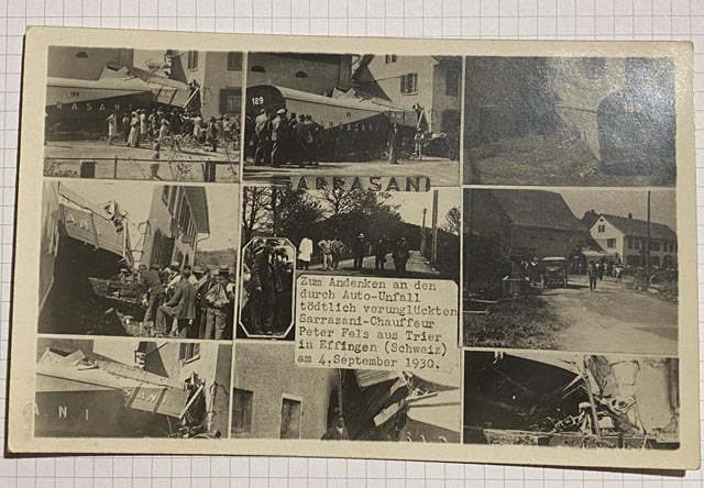Alles andere als nur «Postkarten-Motive»: Auch ein Verkehrsunfall in Effingen im Jahr 1930 wurde als Collage zu einer Postkarte gestaltet. zVg aus der Sammlung von Marc Deiss