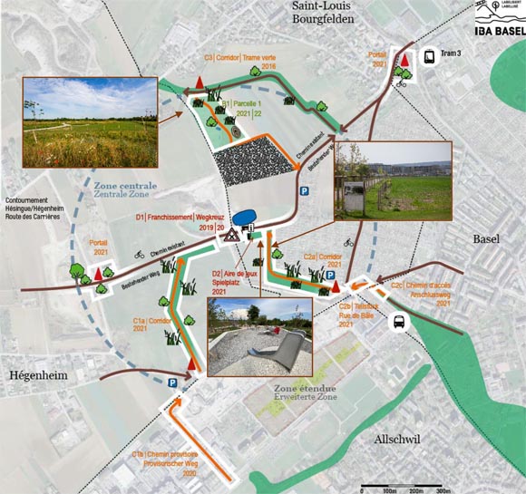 Der IBA Parc des Carrières wird über die Jahre 2020 bis 2028 entstehen. In der obigen Abbildung ist der Parc des Carrières grün mit roten Umrissen markiert. Fotomontage: IBA Basel 2020