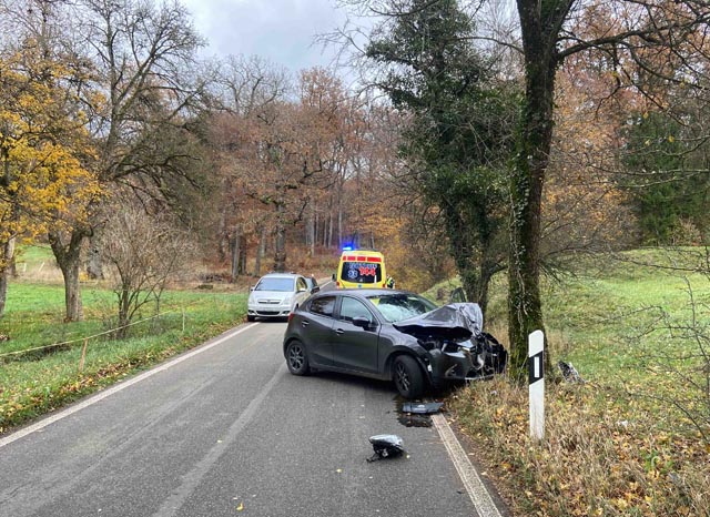 Die PW-Lenkerin fuhr gegen einen Baum. Foto: Polizei AG