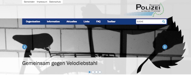 Velodiebstahl – auch Thema auf der Internetseite der Polizei Unteres Fricktal. Foto: Bildschirmfoto