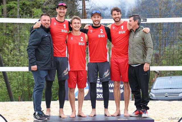 Team Schweiz qualifiziert sich fürs Finalturnier im Nations Cup. v.l.: Lukasz Fijalek (Trainer), Adi Heidrich, Yves Haussener, Leo Dillier, Quentin Métral und Daniel Rodriguez Wood (Trainer). Foto: Adrian Knecht