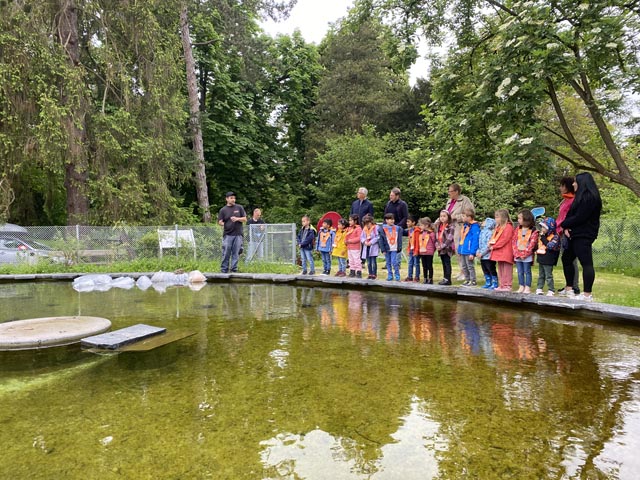 Fabian Baumann (links) erklärt den Anwesenden die neuen Weiherbewohner. Das Gewässer sieht noch etwas kahl aus, Seerosen und andere Teichfplanzen werden dies bald ändern und den Bewohnern Sichtschutz vor Feinden wie dem Reiher gewähren. Auf der kleinen «Insel» links wird der Gänsestall Platz finden. Foto: Sonja Fasler