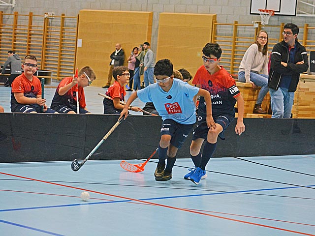 Fricktaler Derby der D-Junioren Hornussen (hellblau) gegen die D-Junioren Kaiseraugst (rot/dunkelblau). Foto: zVg