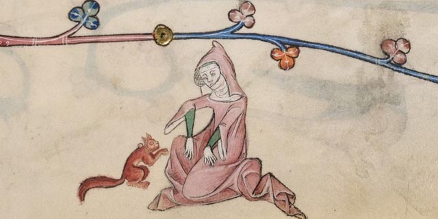 Eine Dame spielt mit einem Eichhörnchen, das ein Halsband trägt. Ausschnitt aus dem Luttrell-Psalter aus dem frühen 14. Jahrhundert. (Bild: British Library Board Ms Add. MS 42130 f. 33r
