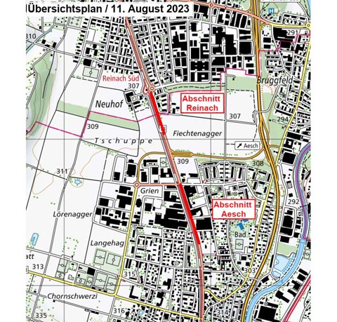 Sperrung der Strasse zwischen Aesch und Reinach. Skizze: zVg