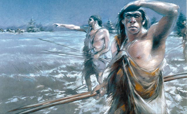 So könnten die Besitzer des Faustkeils ausgesehen haben: Neandertaler auf der Jagd. Lebensbild von Benoit Clarys. 
