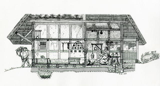 Rekonstruktion eines spätmittelalterlichen Ständerbaus aus Oeschgen, anhand der Grabungsbefunde von 1994. Bodeneben befindet sich die Kochstelle, es gibt einen Kachelofen und Fensterverglasung. Bildnachweis: Kantonsarchäologie, © Kanton Aargau