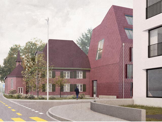 «Wohnen im Alter ‹Kloos›»: Blick von der Kaiserstrasse auf das Gebäudeensemble mit der Kapelle (links). Foto: zVg