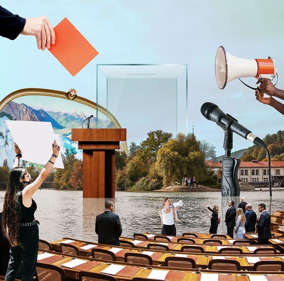 Demokratie und Teilhabe thematisiert Svizra27 am Standort Aarau. Fotomontage: zVg