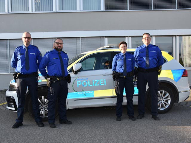 Seit diesem Jahr bei der Regionalpolizei Unteres Fricktal (von links): Christian Sägesser, Blas-Miguel Martinez, Pascale Rymann und David Lüscher. Foto: Jörg Wägli
