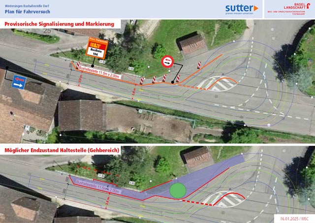 Plan: Signalisationsplan während der Bauzeit und Soll-Zustand der Bushaltestelle in Wintersingen. Plan: zVg