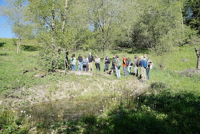 Blick Richtung Osten. Die Exkursionsteilnehmer/-innen stehen neben einem der neu angelegten Amphibienweiher. Fotograf: Thomas Zumbrunn, Pro Natura Baselland